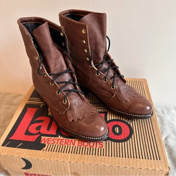 VTG Laredo Western Cowgirl Lace Up Boots Genuine Deer Women’s Size 7 With Box - Picture 1 of 9